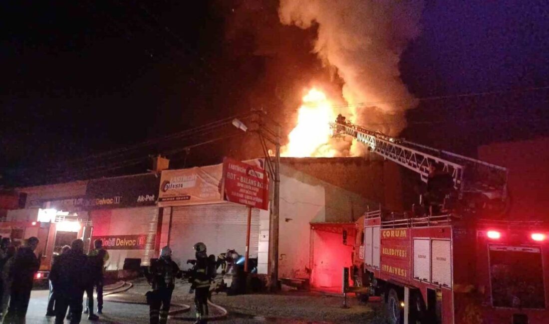 Çorum'daki Aşağı Sanayi Sitesi'nde bir lastik tamirhanesinde çıkan yangın, itfaiye
