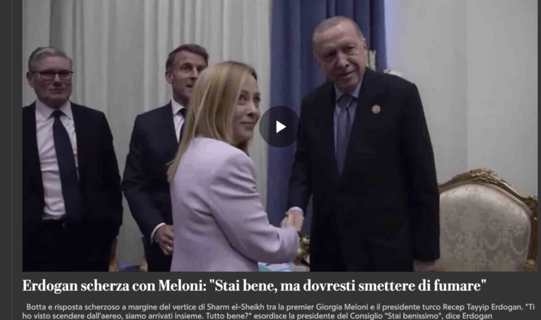 Erdoğan’ın Meloni’ye Sigarayı Bırakma Tavsiyesi, İtalyan Medyasında Gündem Oldu Cumhurbaşkanı Recep Tayyip Erdoğan, Mısır'daki Barış Zirvesi'nde İtalya Başbakanı Giorgia