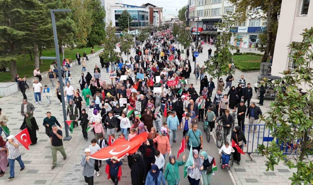 Düzce'de yüzlerce kişi, Filistin'e destek vermek amacıyla Cedidiye Meydanı'nda toplandı.