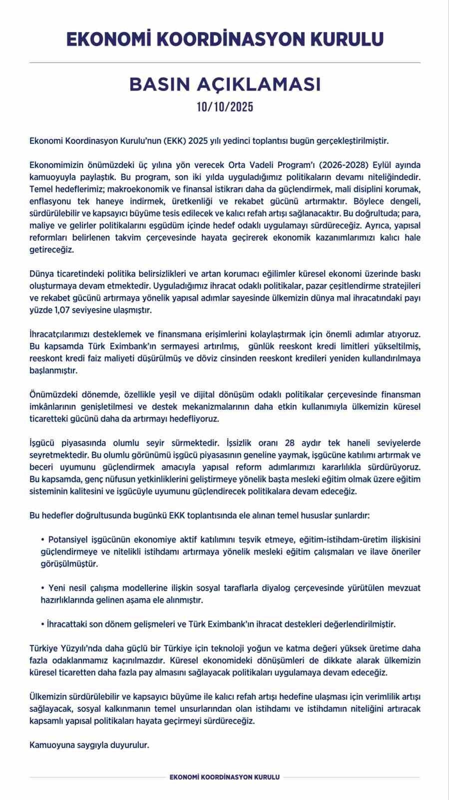 Cumhurbaşkanı Yardımcısı Cevdet Yılmaz’ın başkanlık ettiği Ekonomi Koordinasyon Kurulu toplantısında,