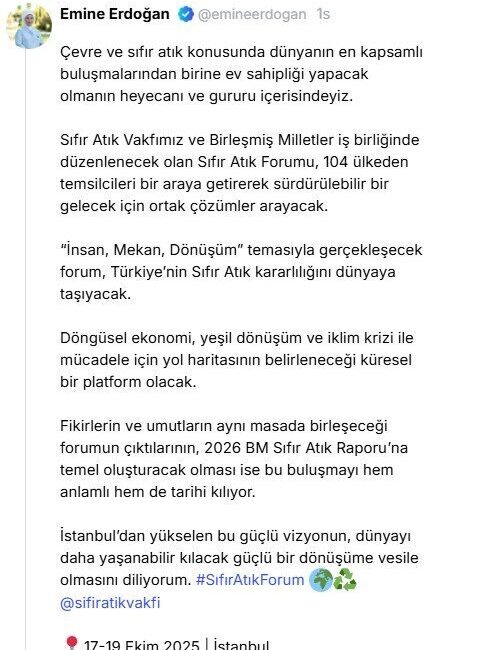 Emine Erdoğan, 17-19 Ekim'de İstanbul'da düzenlenecek Sıfır Atık Forumu'nun, 104