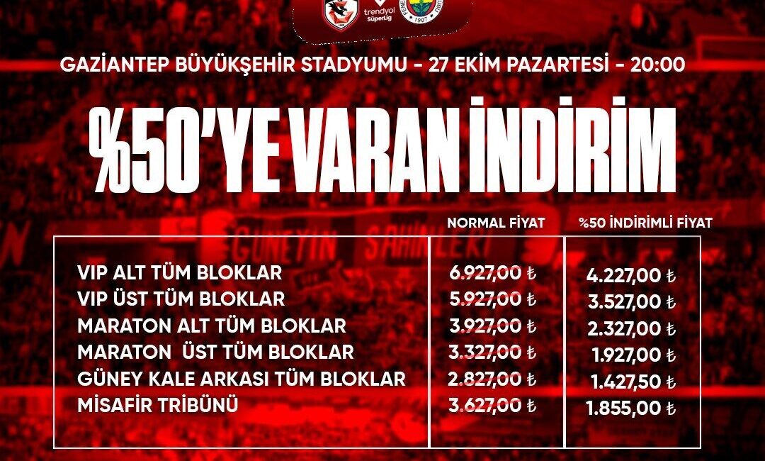 Gaziantep Futbol Kulübü, 27 Ekim'de Fenerbahçe ile oynanacak karşılaşmanın biletlerinde