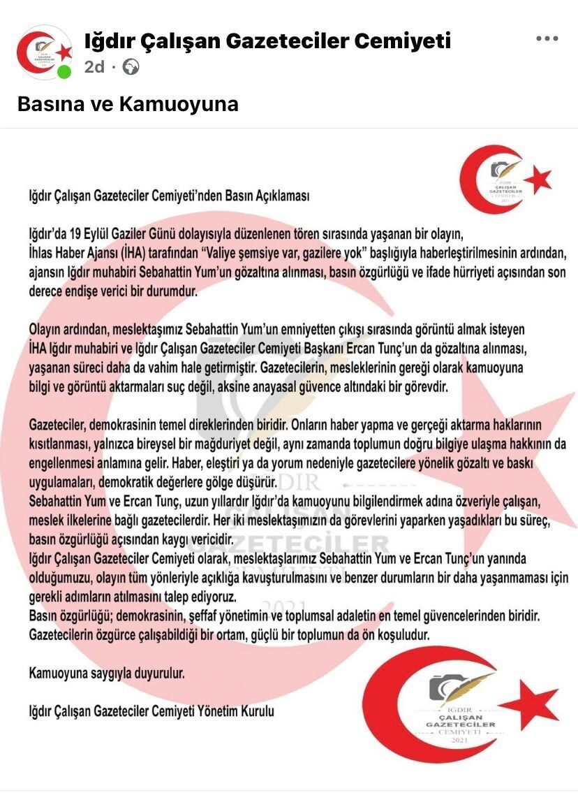 Iğdır Çalışan Gazeteciler Cemiyeti, 19 Eylül Gaziler Günü töreni sonrası