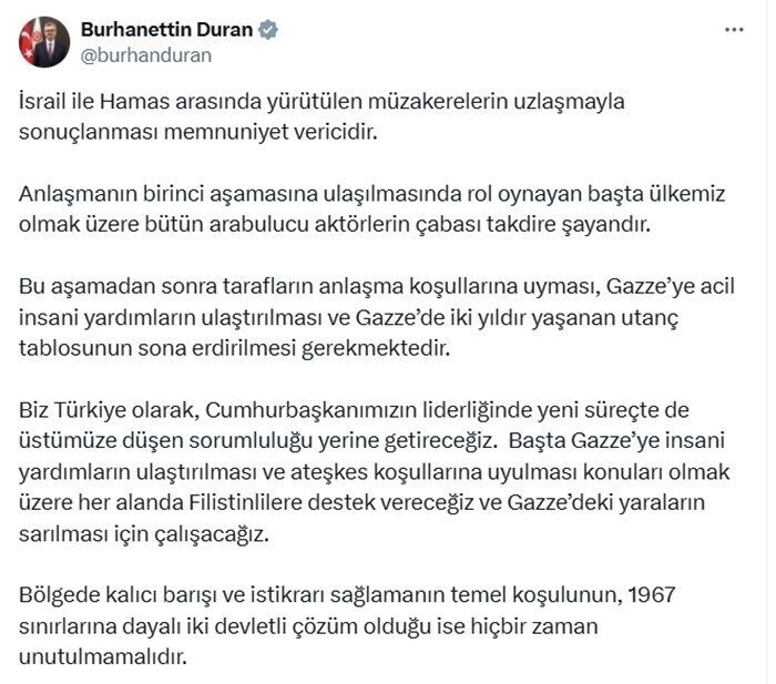 Cumhurbaşkanlığı İletişim Başkanı Burhanettin Duran, İsrail ve Hamas müzakerelerinin olumlu