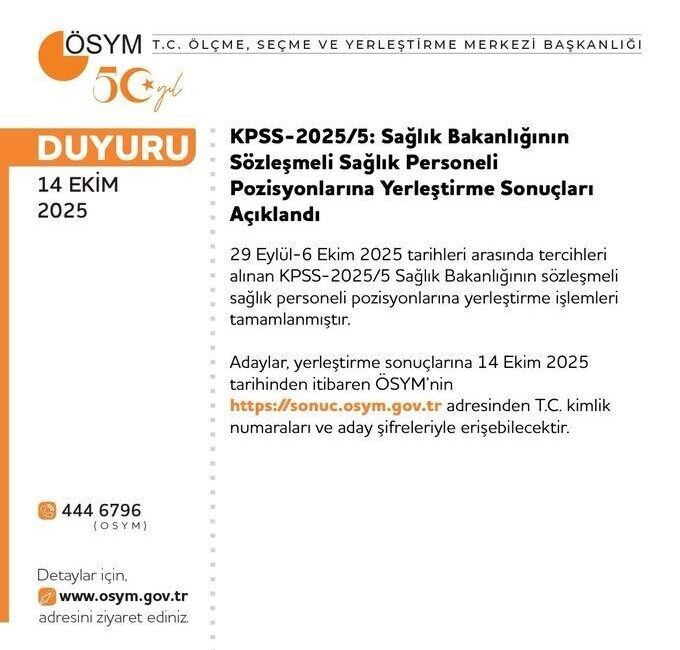 ÖSYM, KPSS 2025/5 Sağlık Bakanlığı Sözleşmeli Sağlık Personeli Pozisyonları yerleştirme