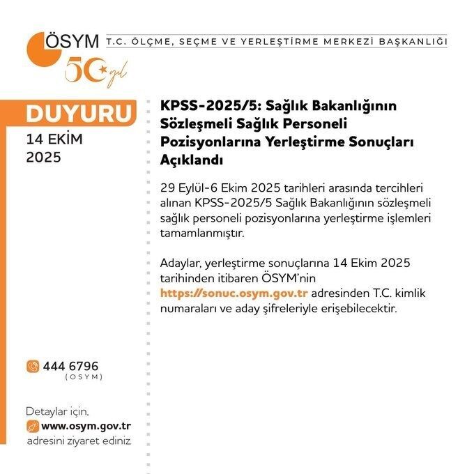 ÖSYM, KPSS 2025/5 Sağlık Bakanlığı Sözleşmeli Sağlık Personeli Pozisyonları yerleştirme