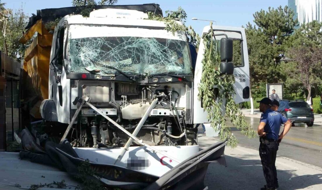 Malatya'da kontrolünü kaybeden hafriyat kamyonu, İnönü Caddesi'nde ağaçlara çarparak yanında