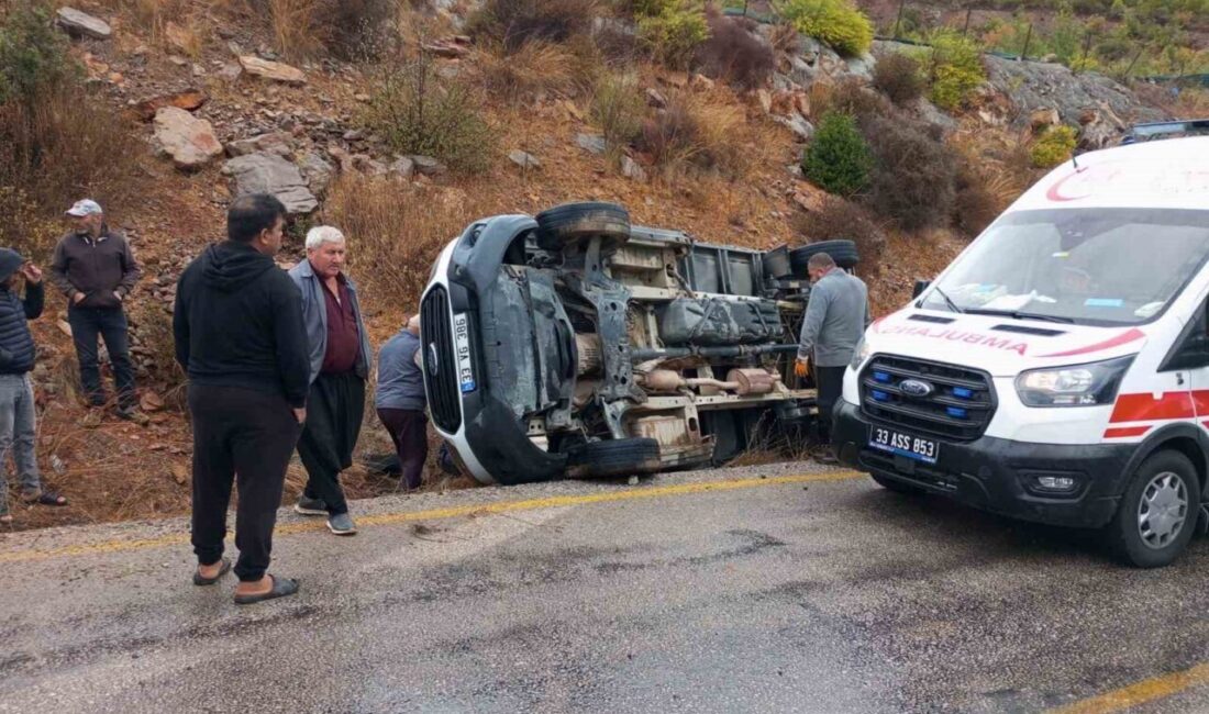 Mersin'in Erdemli ilçesinde A.T. yönetimindeki elma yüklü kamyonet, kaygan yol