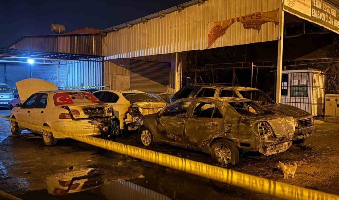 Mersin'in Tarsus ilçesinde, tamir için bekleyen 5 araç kimliği belirsiz