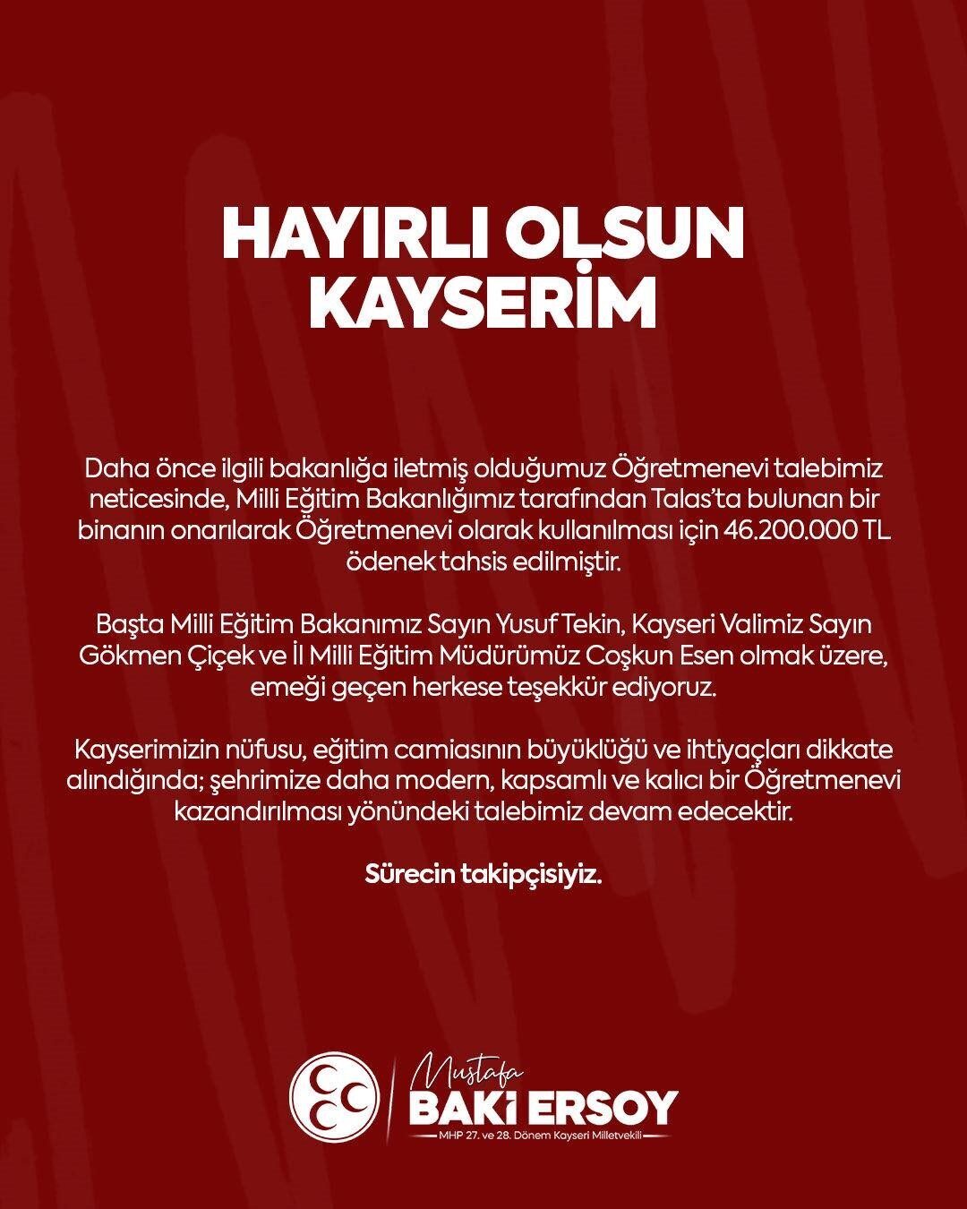 MHP Kayseri Milletvekili Baki Ersoy, Talas'ta yapılacak öğretmenevi için Milli