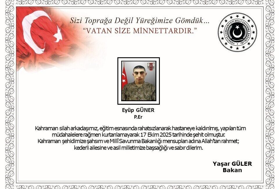 Tokat’ta Eğitim Sırasında Rahatsızlanan Piyade Er Eyüp Güner, Şehit Oldu Tokat'ta görevli Piyade Er Eyüp Güner, eğitim sırasında rahatsızlanarak hastaneye