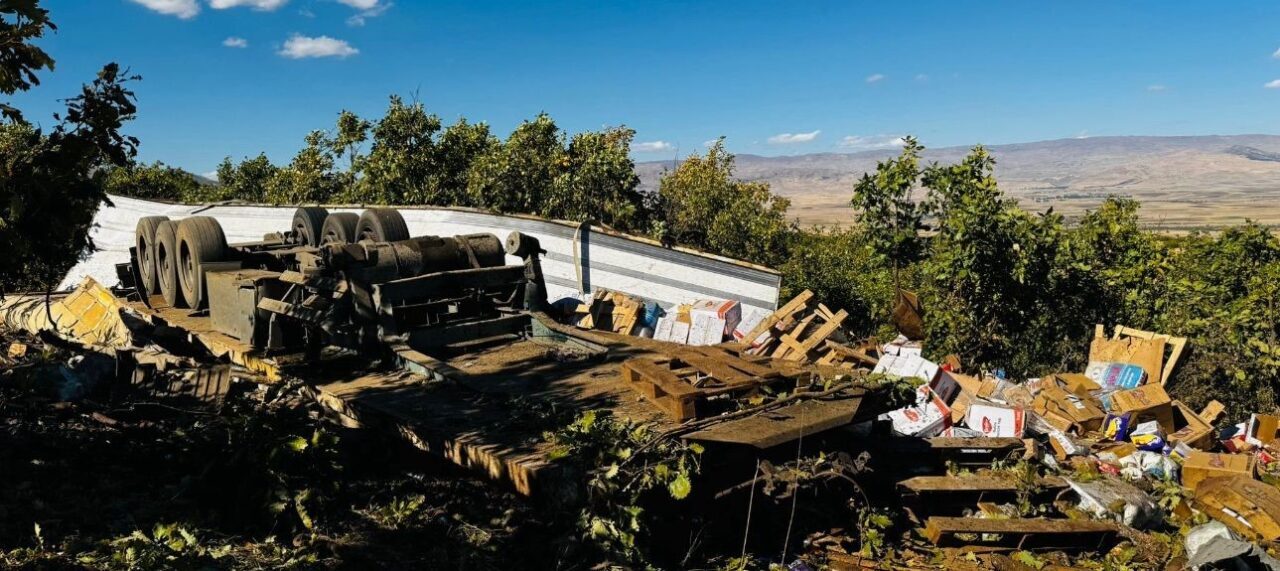 Muş-Kulp karayolunda freninin boşalması nedeniyle kontrolden çıkan bir tır yol