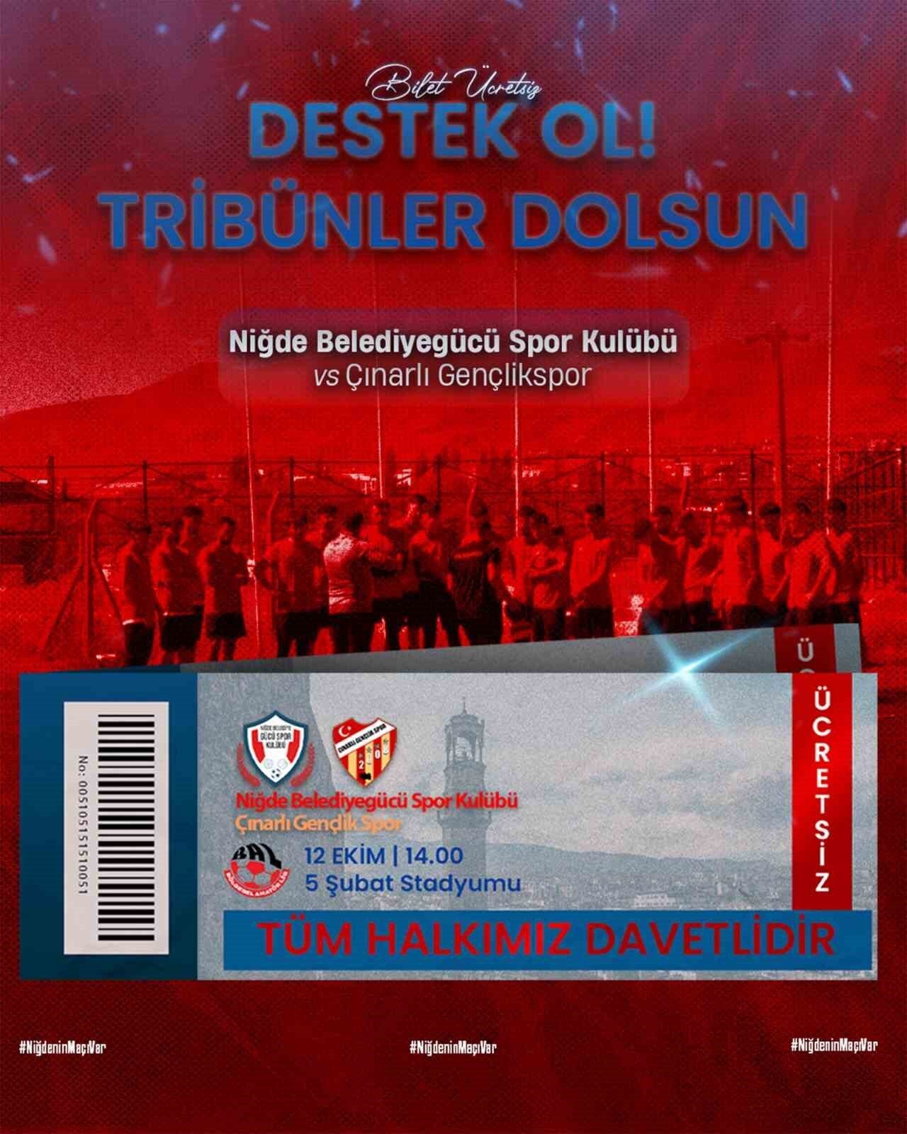 Niğde Belediyegücü Futbol Takımı, 12 Ekim Pazar günü saat 14.00'te