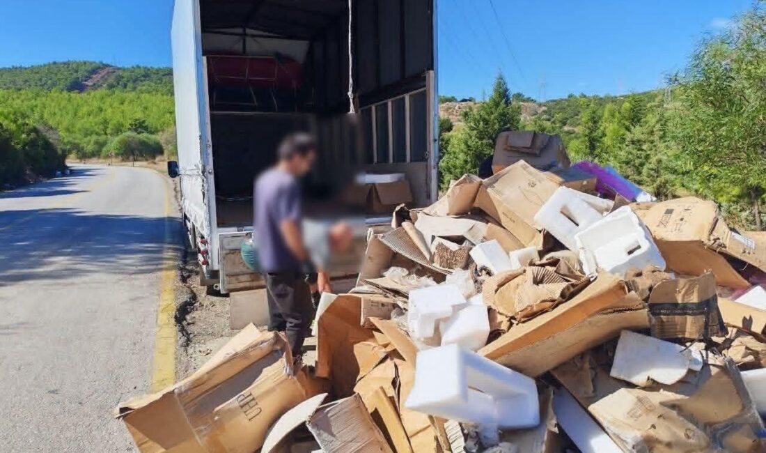 Muğla'nın Bodrum ilçesinde Torba Mahallesi'nde yol kenarına atık döken şahıslar,