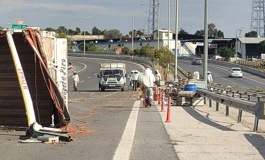Mersin’in Toroslar ilçesinde bir arı dolu kamyon devrildi, 3 kişi