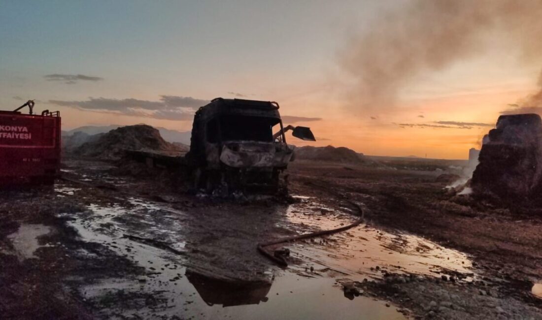 Konya'nın Karapınar ilçesinde A.S.'ye ait park halindeki saman balyası yüklü