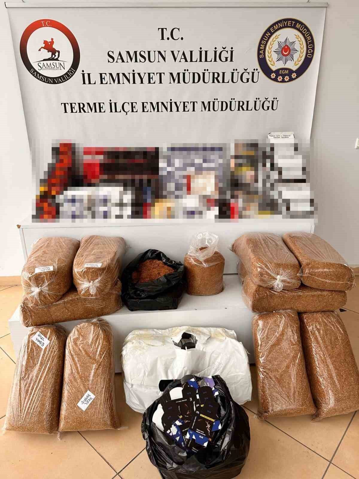 Samsun'un Terme ilçesinde gerçekleştirilen polis operasyonunda, kaçak tütün ürünlerine yönelik
