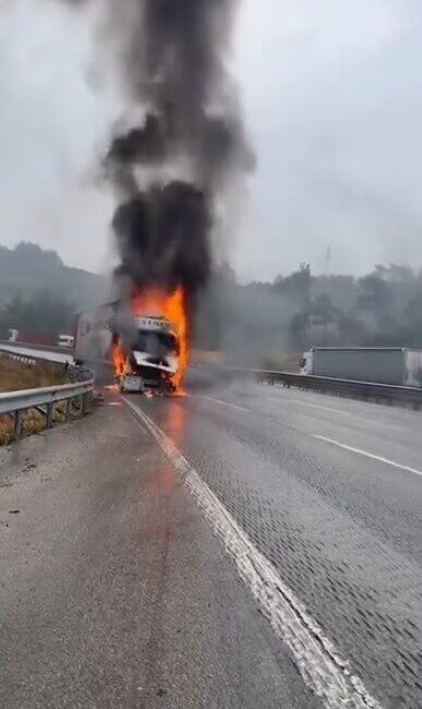 Bursa-Yalova yolunda seyir halindeki bir tır, motor bölümünde çıkan yangın