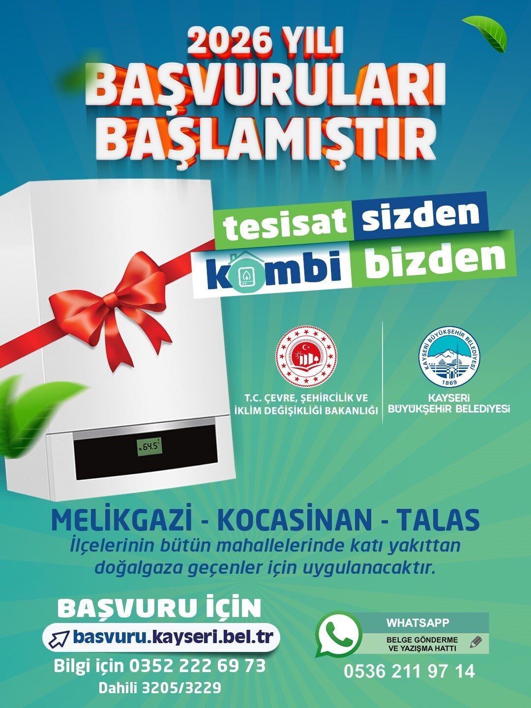 Kayseri Büyükşehir Belediyesi, çevre kirliliğini azaltmak amacıyla 'Tesisat Sizden, Kombi