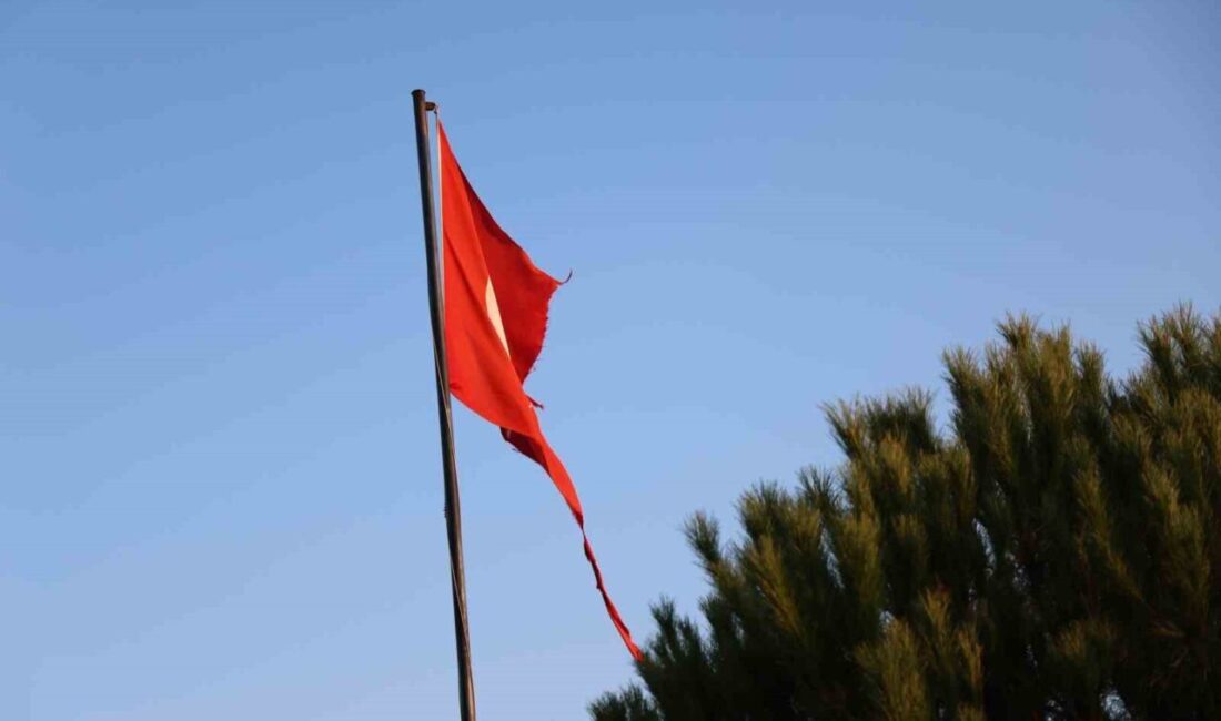 Aydın'ın Köşk ilçesi Cumayanı Mahallesi'nde rüzgar nedeniyle yırtılan Türk Bayrağı,