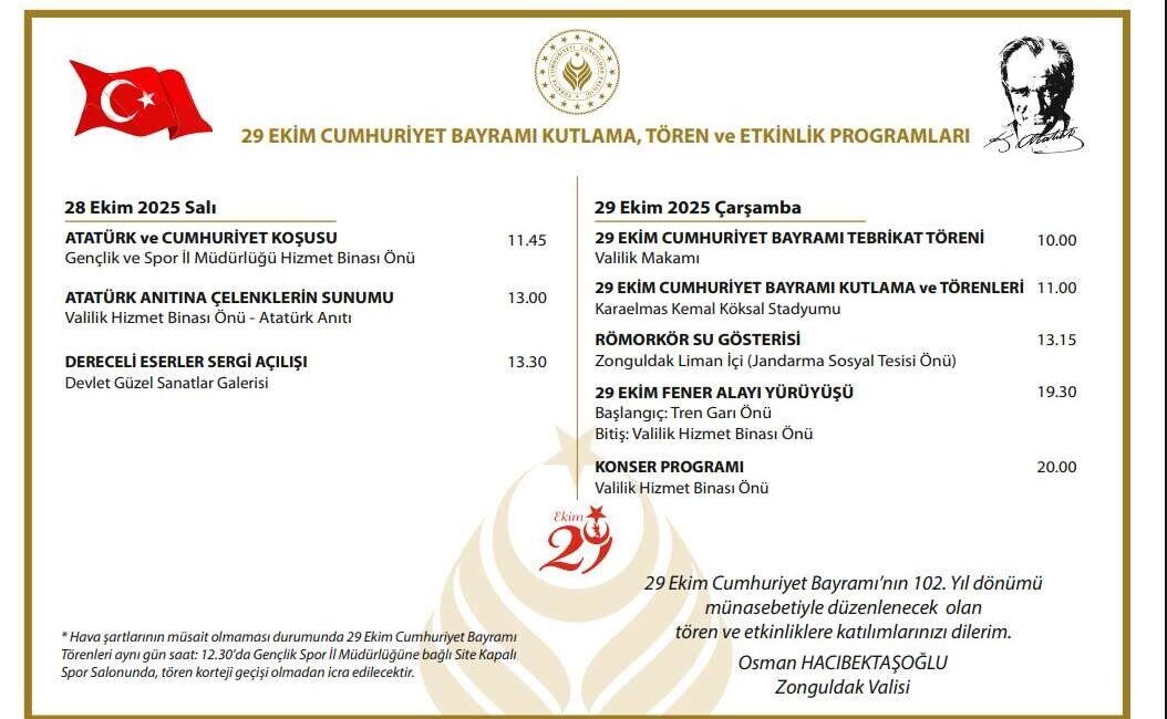 Zonguldak'ta Cumhuriyetin 102. yılı kutlamaları, 28 Ekim’de Atatürk ve Cumhuriyet