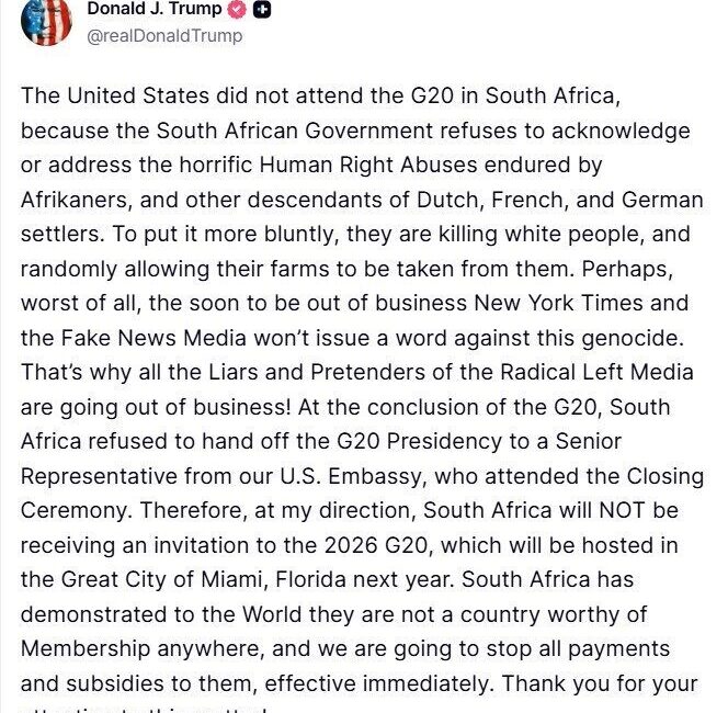 Trump’tan Güney Afrika’ya G20 Davetini Reddetme Açıklaması: Yardımlar Derhal Durdurulacak ABD Başkanı Donald Trump, Güney Afrika'nın G20 Zirvesi'ndeki dönem başkanlığını