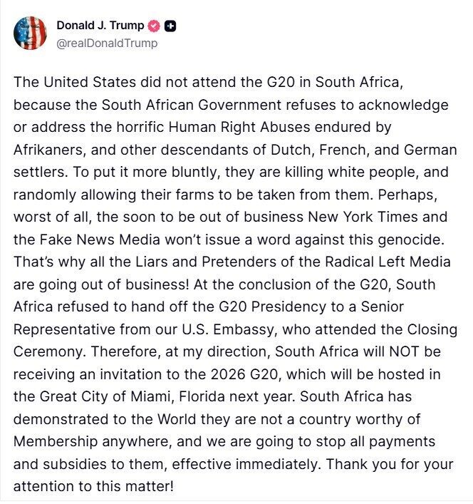 ABD Başkanı Donald Trump, Güney Afrika'nın G20 Zirvesi'ndeki dönem başkanlığını