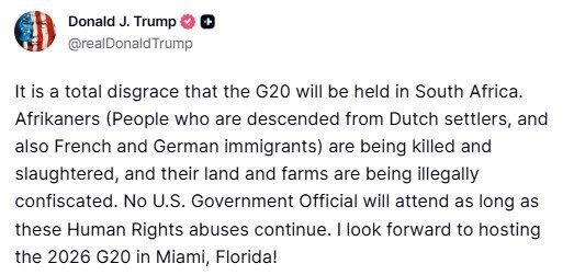 ABD Başkanı Donald Trump, Güney Afrika'da düzenlenecek G20 Zirvesi'ni "rezalet"