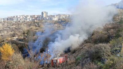 Ankara'nın Mamak ilçesindeki ormanlık alanda çöplerin tutuşmasıyla çıkan yangın, itfaiye