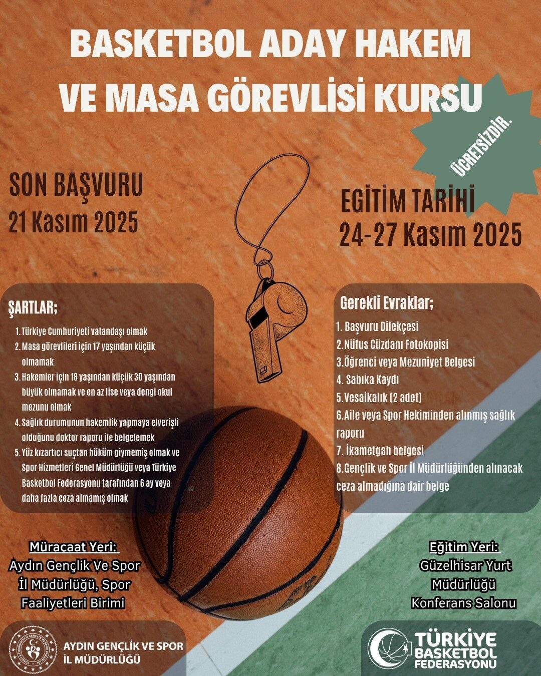 Aydın Gençlik ve Spor İl Müdürlüğü, 24-27 Kasım 2025 tarihlerinde