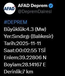 AFAD, Balıkesir'in Sındırgı ilçesinde 4.3 büyüklüğünde bir depremin gerçekleştiğini duyurdu.
