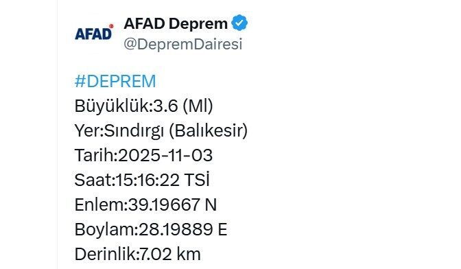AFAD, Balıkesir'in Sındırgı ilçesinde bugün saat 15.35'te 4.9 büyüklüğünde bir