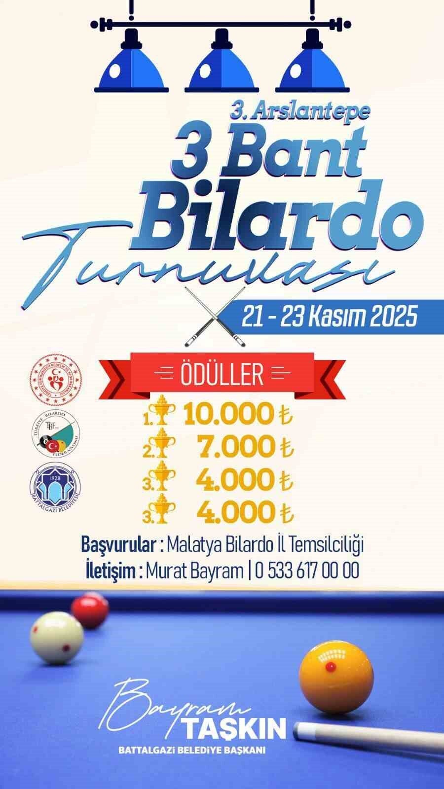 Battalgazi Belediyesi, 3. Arslantepe 3 Bant Bilardo Turnuvası’nın kayıtlarına başladı.