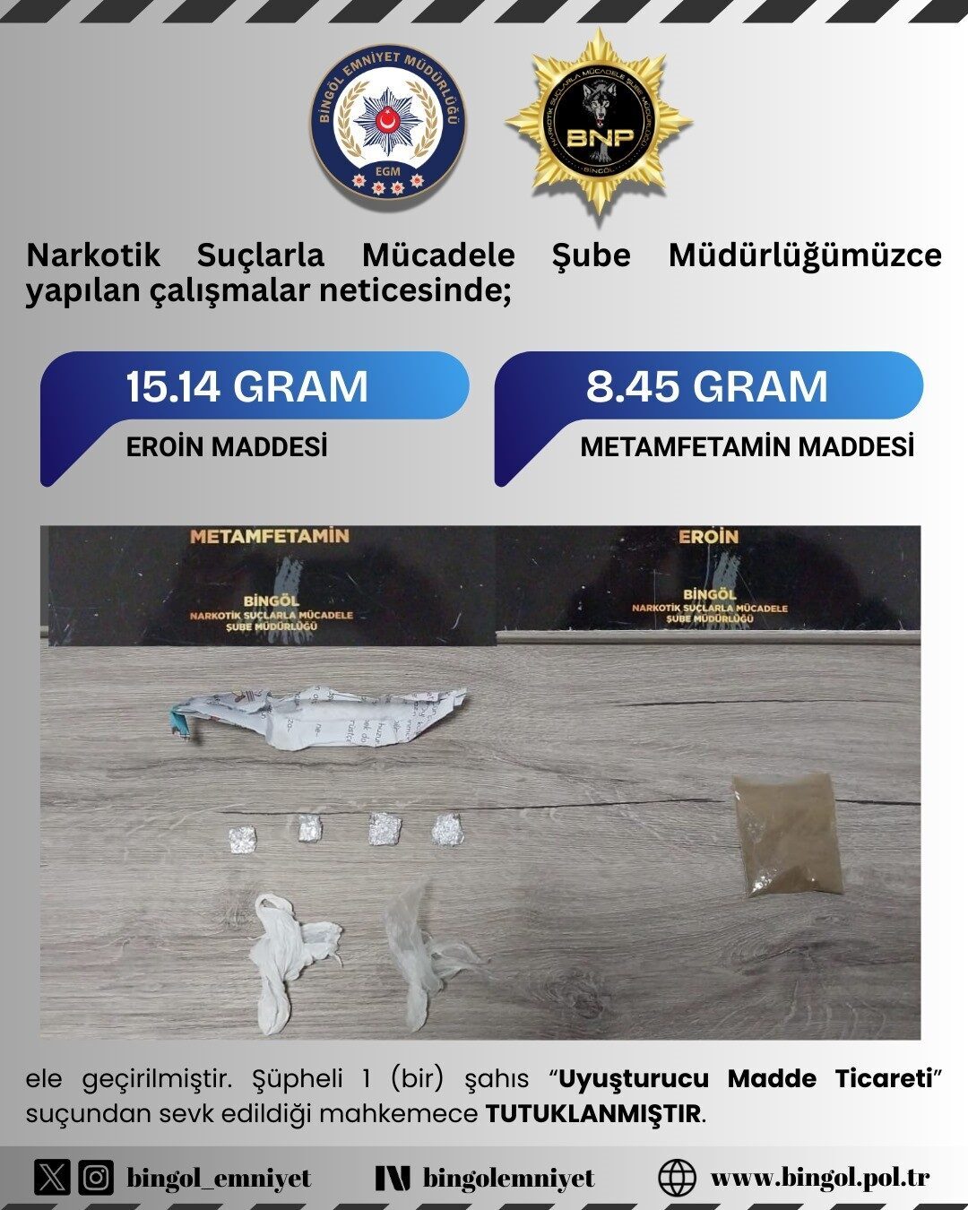 Bingöl’de düzenlenen uyuşturucu operasyonunda, Narkotik Suçlarla Mücadele Şube Müdürlüğü ekipleri