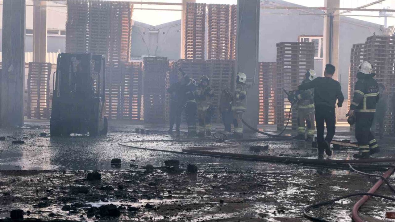 Bursa'nın İnegöl ilçesinde bir palet fabrikasında çıkan yangın, ahşap paletlerin