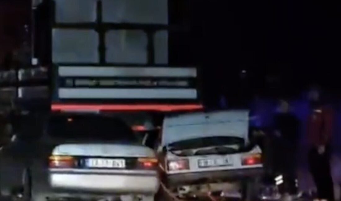 Çorum'da Seydim köyünde park halindeki bir vince çarpan iki otomobilin