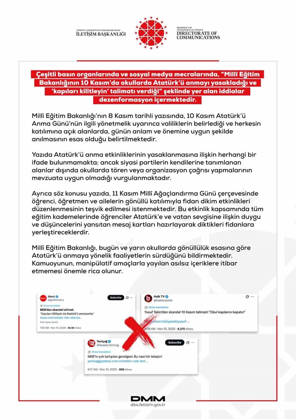 Dezenformasyonla Mücadele Merkezi, Milli Eğitim Bakanlığı'nın 10 Kasım'da Atatürk'ü anmayı