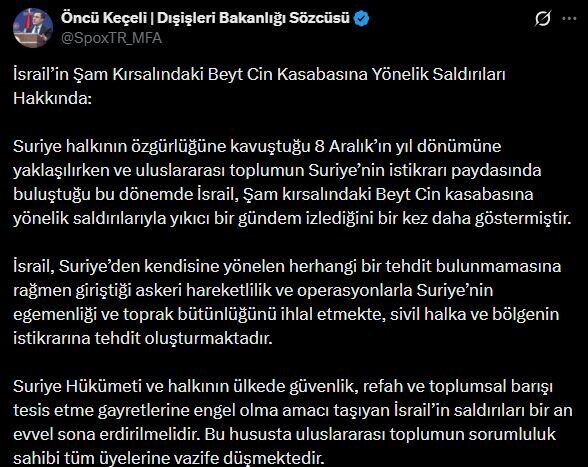 Dışişleri Bakanlığı Sözcüsü Öncü Keçeli, İsrail’in Beyt Cin kasabasına yönelik