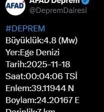 Afet ve Acil Durum Yönetimi Başkanlığı, Ege Denizi'nde saat 00.04'te