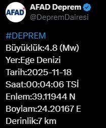 Afet ve Acil Durum Yönetimi Başkanlığı, Ege Denizi'nde saat 00.04'te