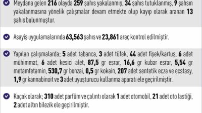 Elazığ'da 9-16 Kasım 2025 tarihleri arasında 216 asayiş olayı yaşandı.