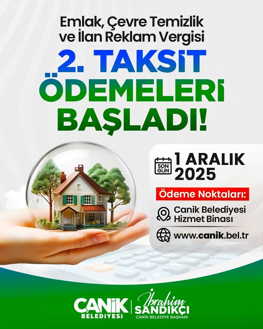 Canik Belediyesi, 2025 yılına ait emlak, çevre temizlik (ÇTV) ve