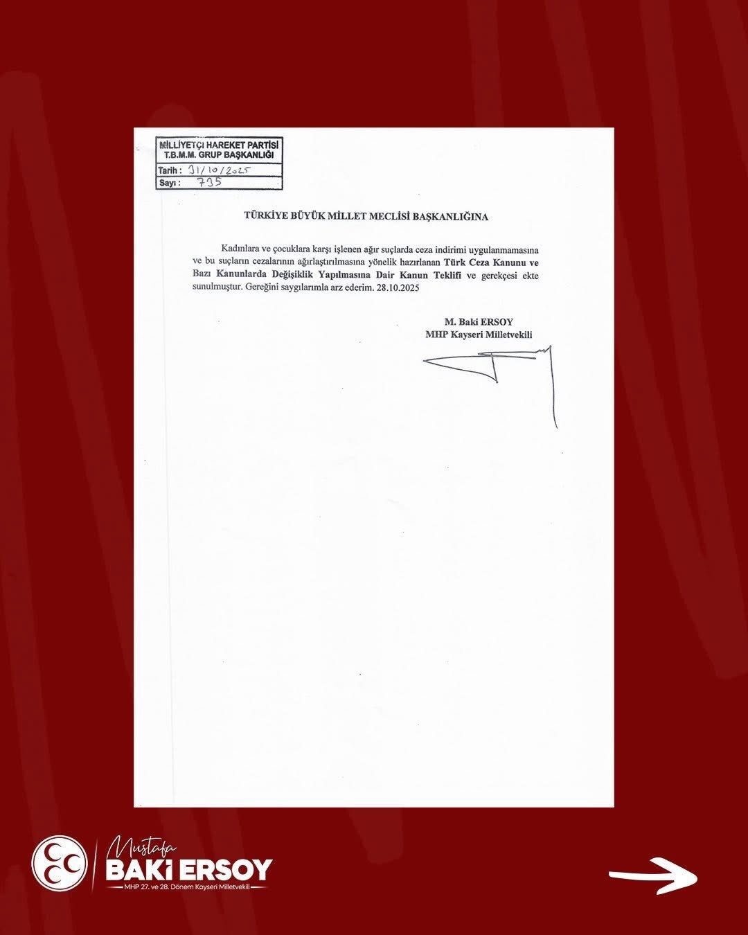 MHP Kayseri Milletvekili Baki Ersoy, TBMM'ye kadınlar ve çocuklara yönelik