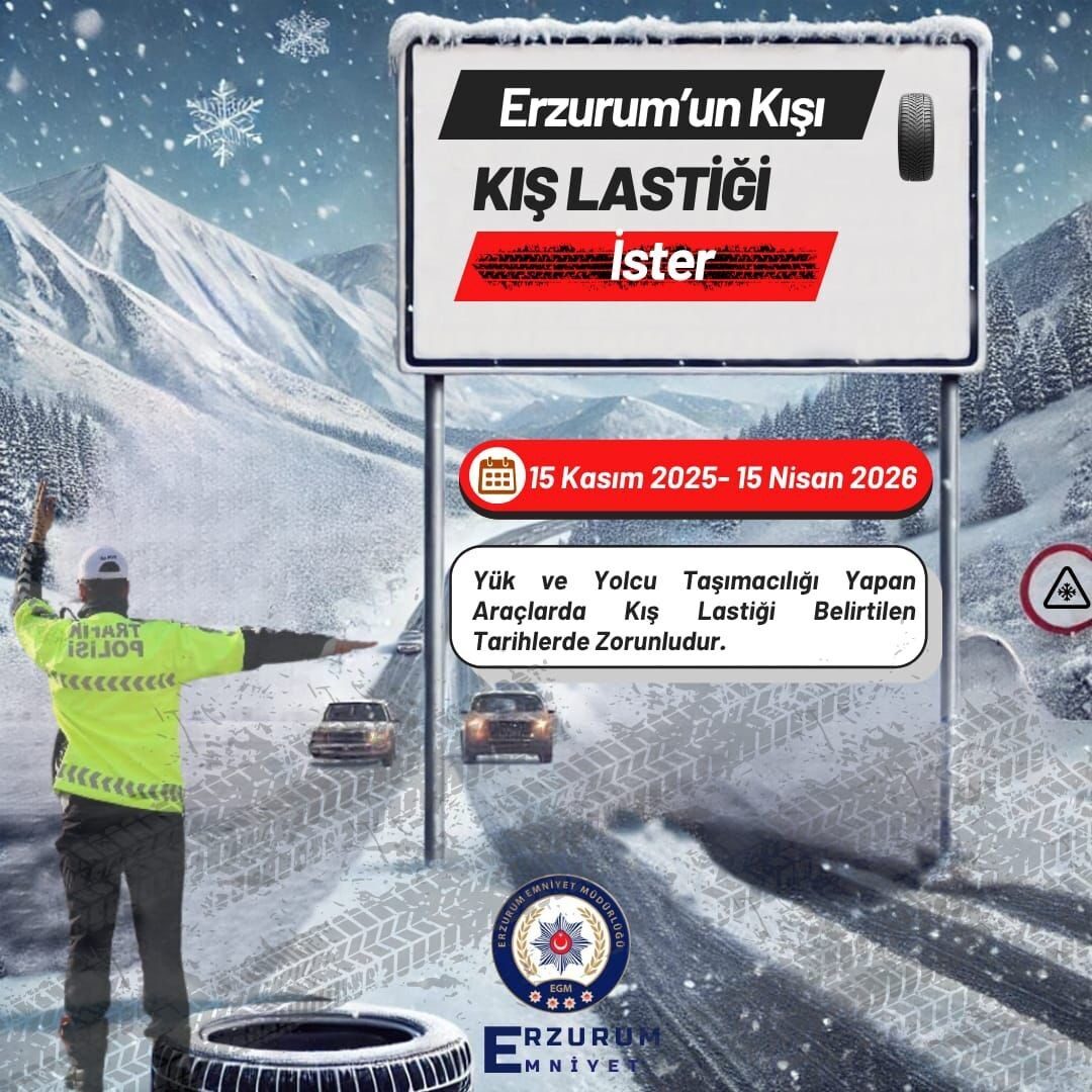 Erzurum'da şehirlerarası ticari taşıtlarda kış lastiği kullanımı zorunlu hale geldi.