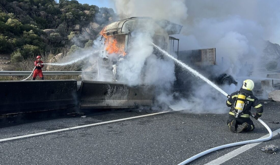 Aydın-Muğla karayolunda bir tır, beton bariyerlere çarpmasının ardından yangın çıkardı.