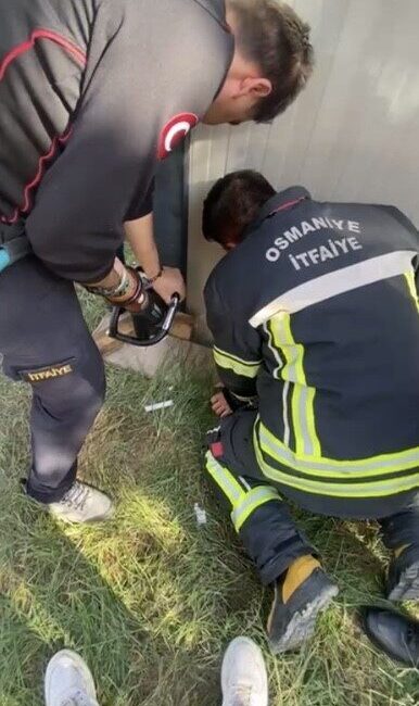 Osmaniye'de bir yavru kedi, konteyner ile duvar arasına sıkıştı. Vatandaşların