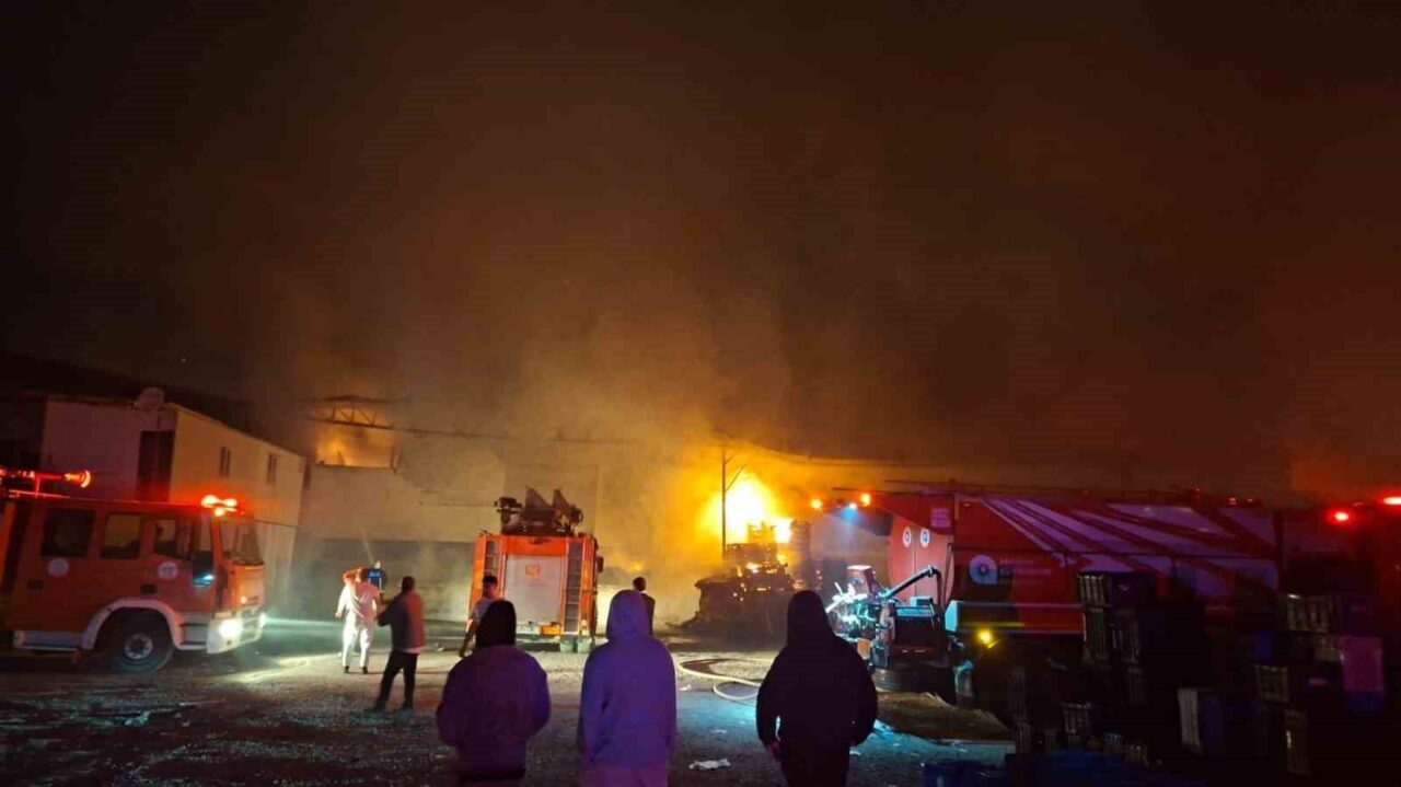 Antalya Aksu’daki meyve-sebze paketleme fabrikasında çıkan yangın, 1600 m²’lik alanı