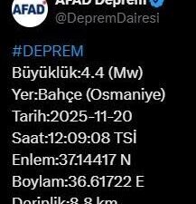 AFAD, Osmaniye'nin Bahçe ilçesinde saat 12.09'da 4.4 büyüklüğünde bir deprem