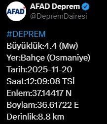 Osmaniye’nin Bahçe İlçesinde 4.4 Büyüklüğünde Deprem Gerçekleşti AFAD, Osmaniye'nin Bahçe ilçesinde saat 12.09'da 4.4 büyüklüğünde bir deprem