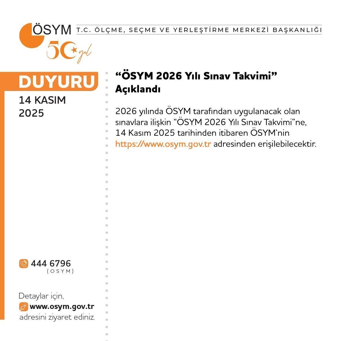 Ölçme, Seçme ve Yerleştirme Merkezi (ÖSYM), 2026 sınav takvimini açıkladı.